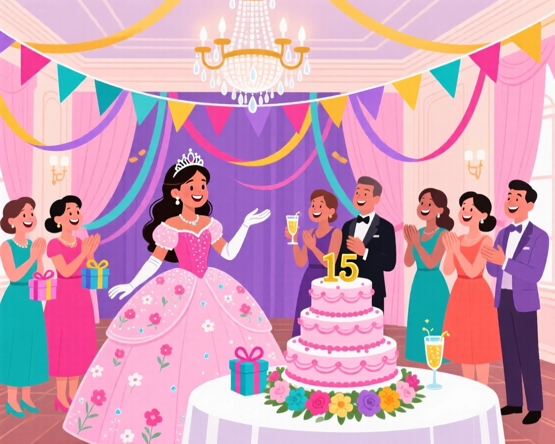 A quinceañera celebration with a beautifully decorated ballroom, set against a backdrop of colorful bunting and streamers, composed with a lively sense of togetherness and joy, with a joyful sense of togetherness and celebration.