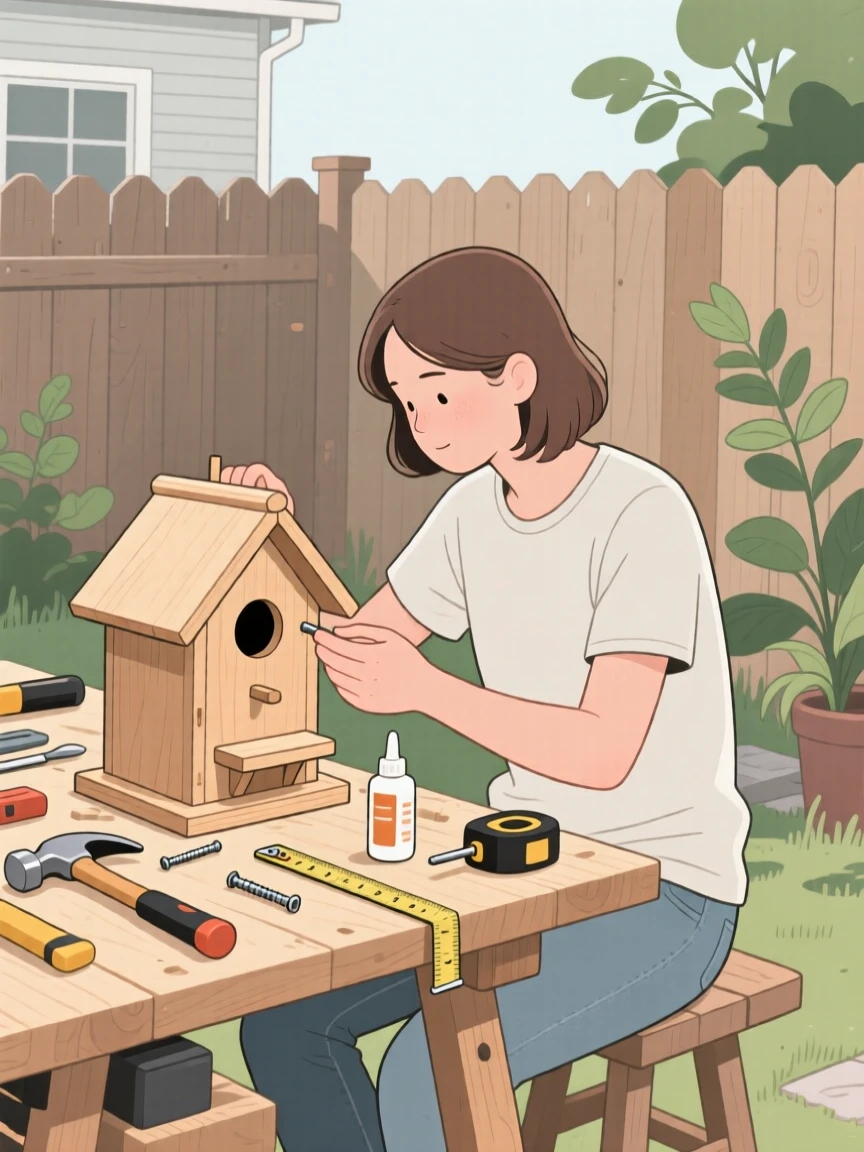 A person building a birdhouse in a backyard workshop.