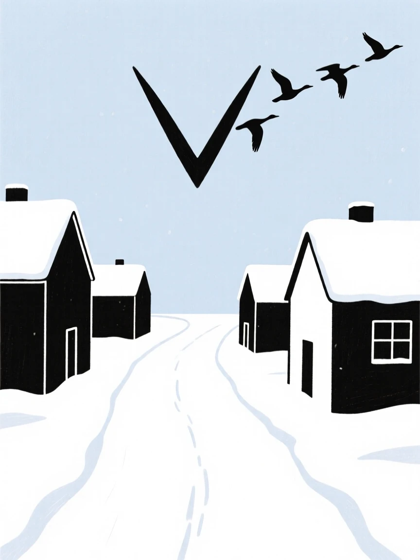A blanket of fresh snow covering a small town street as migrating geese overhead appears in the distance, full of seasonal renewal.