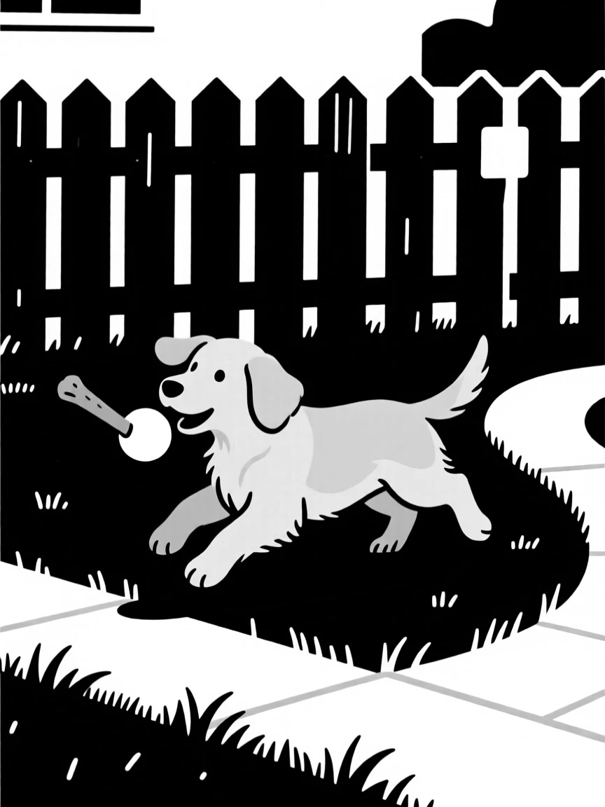 A golden retriever puppy playing fetch in a backyard.