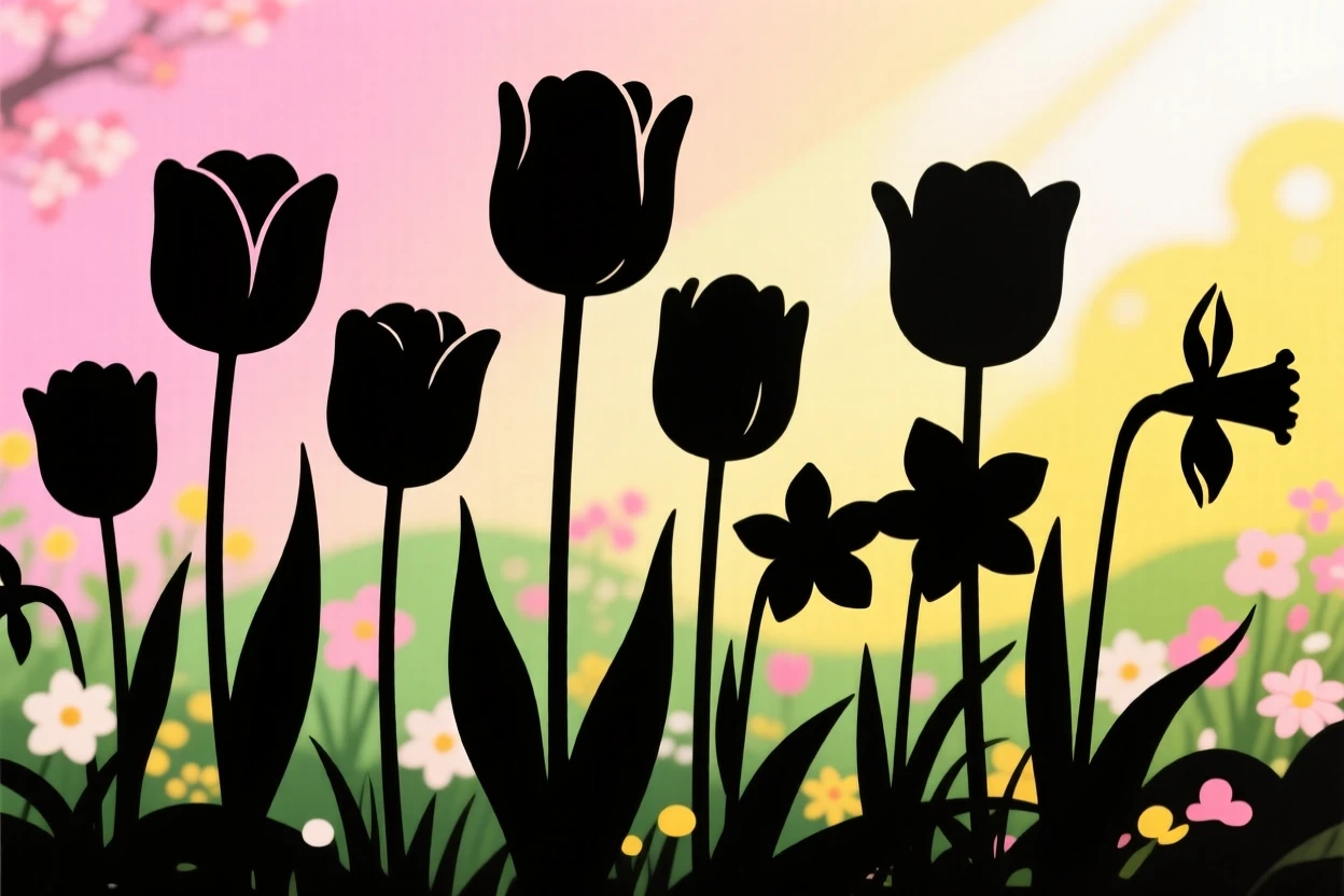 A spring garden bursting with tulips and daffodils in full bloom.