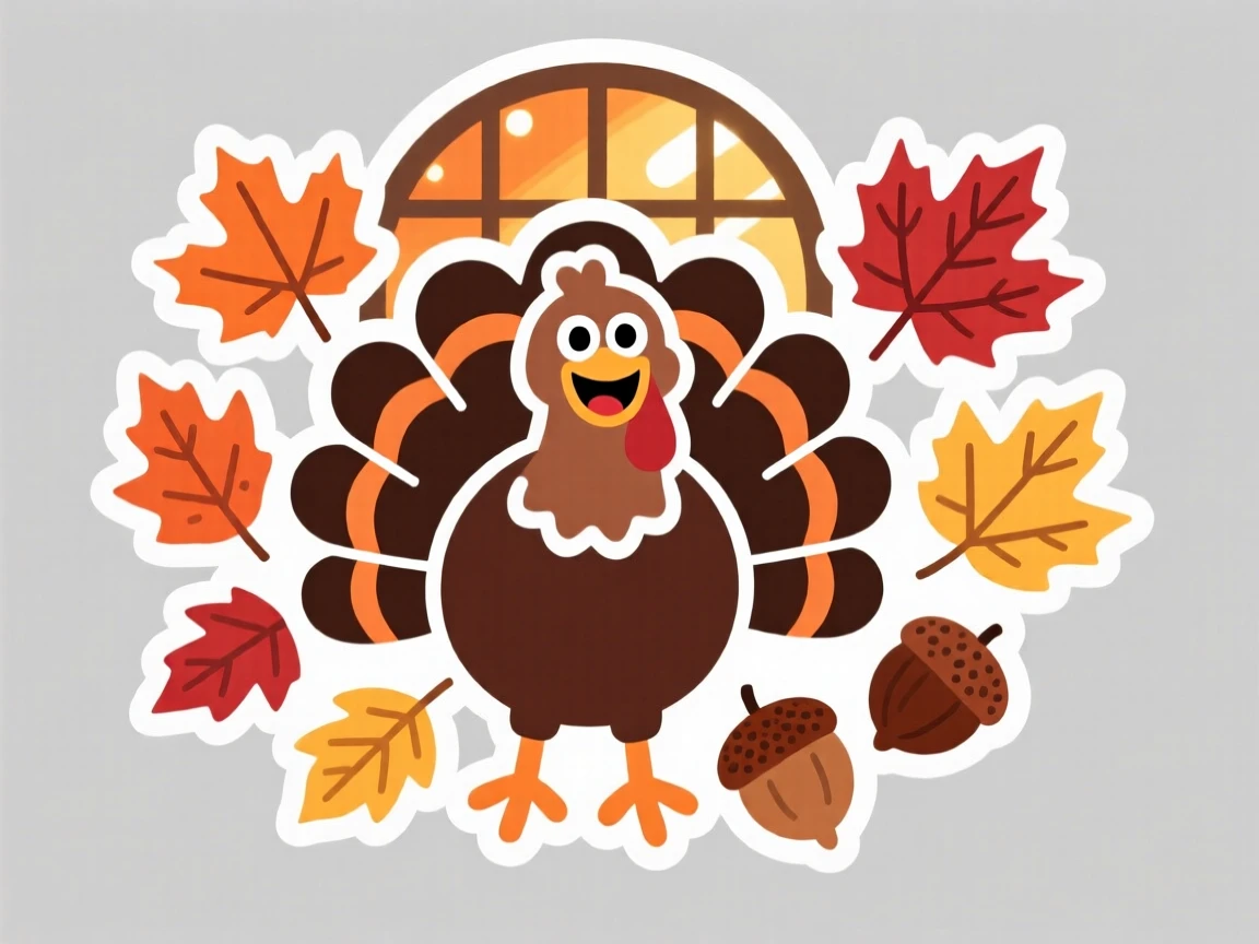A spirited and joyful turkey-shaped centerpiece surrounded by autumn leaves, with warm light spilling from nearby windows, during the most magical time of year.