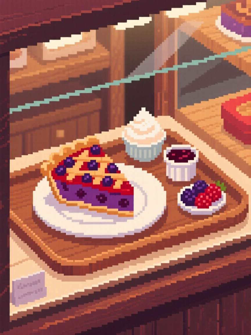 A slice of berry pie served on a tray with tiny side dishes, in a cozy bakery display case.