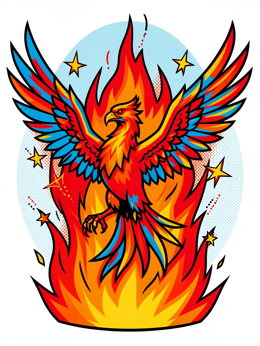 A phoenix rising from a burst of flame