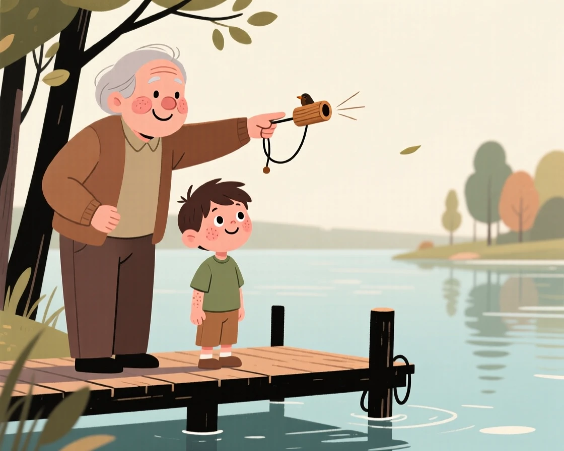 A grandparent shows a eager grandson how to identify birds by their calls in the lakeside dock, both taking their time as a light breeze moves through the trees.