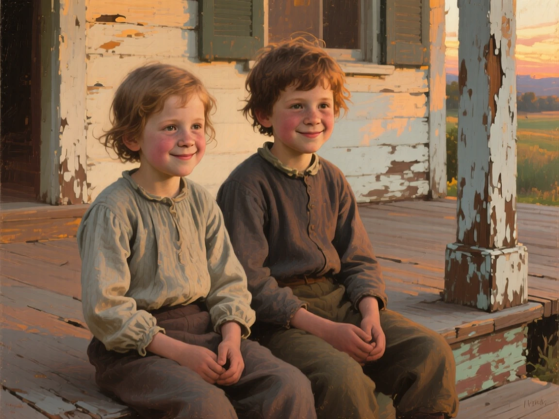 A tightly framed close-up of a pair of childhood friends on a weathered porch, glowing with pride, in the last light of sunset.