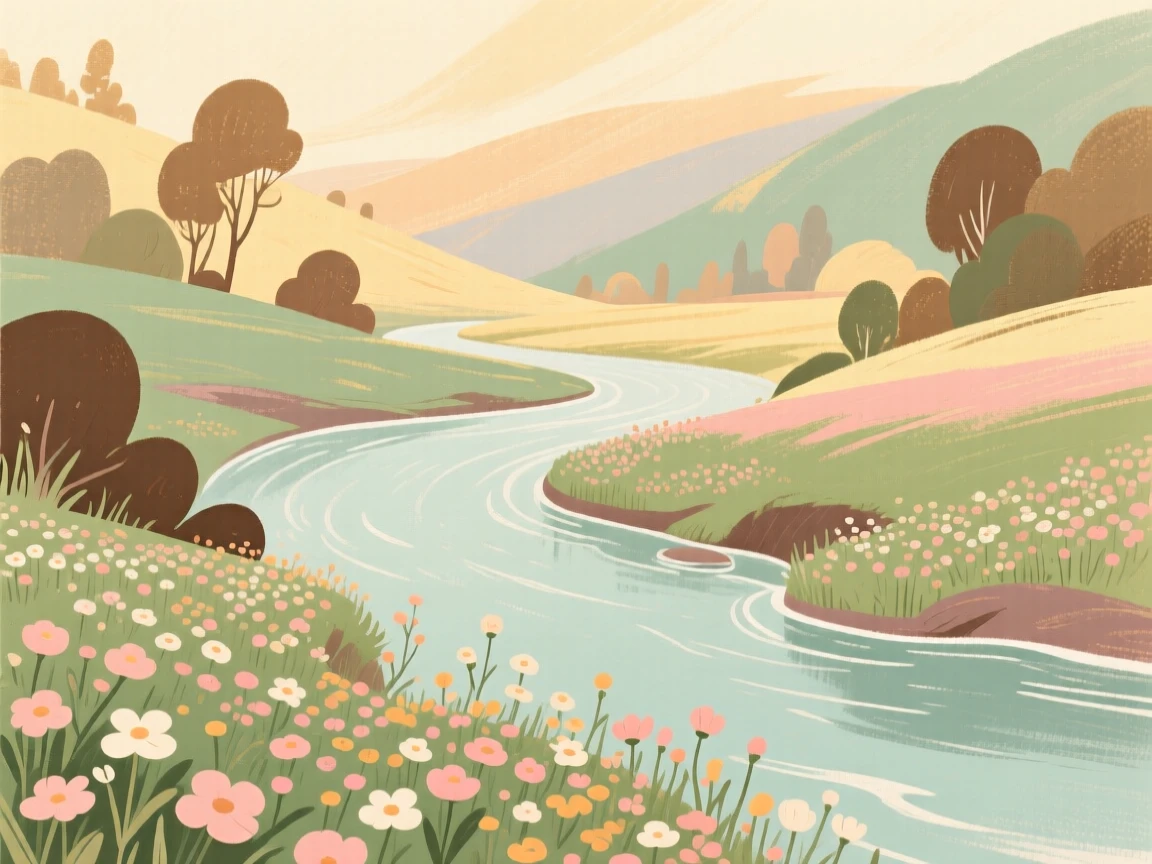 A tranquil river winding through a valley of wildflowers