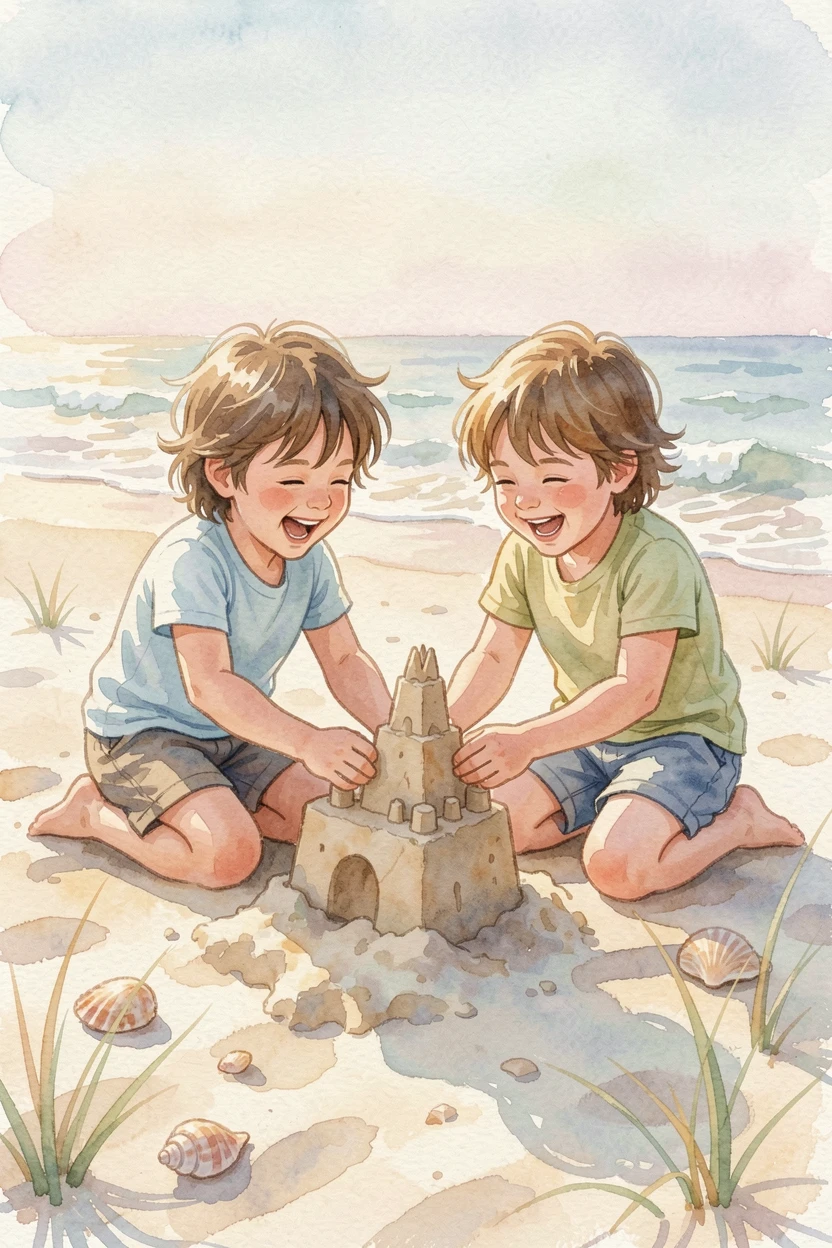 Siblings building a sandcastle together on the beach with laughter echoing softly.