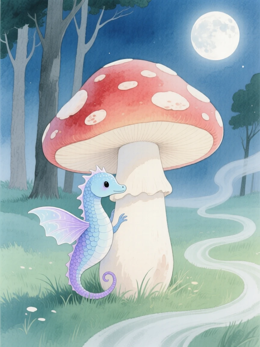 A tiny sea dragon peeks out from behind a giant mushroom in a moonlit meadow, as a gentle mist curls through the trees