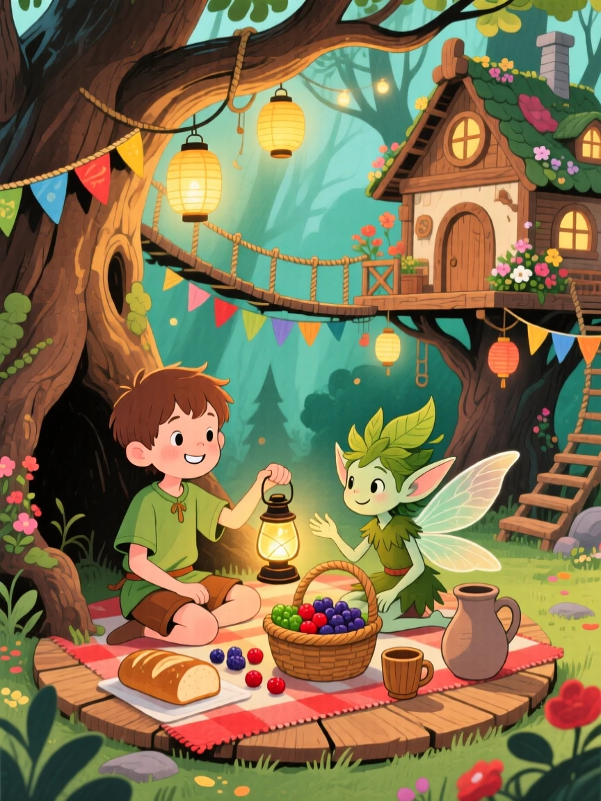 A boy carrying a lantern sharing a picnic with a mischievous forest sprite inside a magical treehouse village.