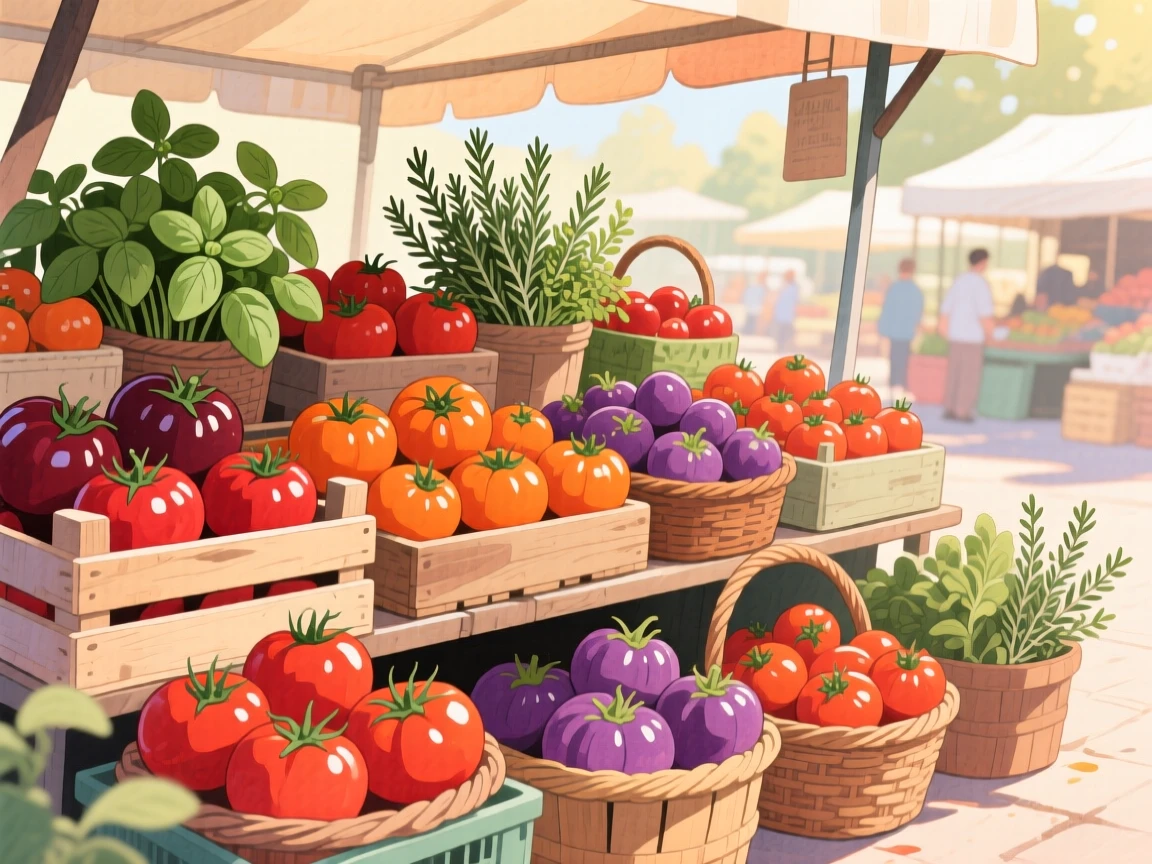 A farmers' market stall overflowing with vibrant heirloom tomatoes and fresh herbs, inspiring appetite and nostalgic comfort.