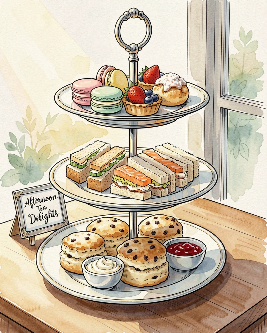 A tiered afternoon tea stand with delicate pastries and finger sandwiches, sunlight streaming across the table, highlighting every texture.