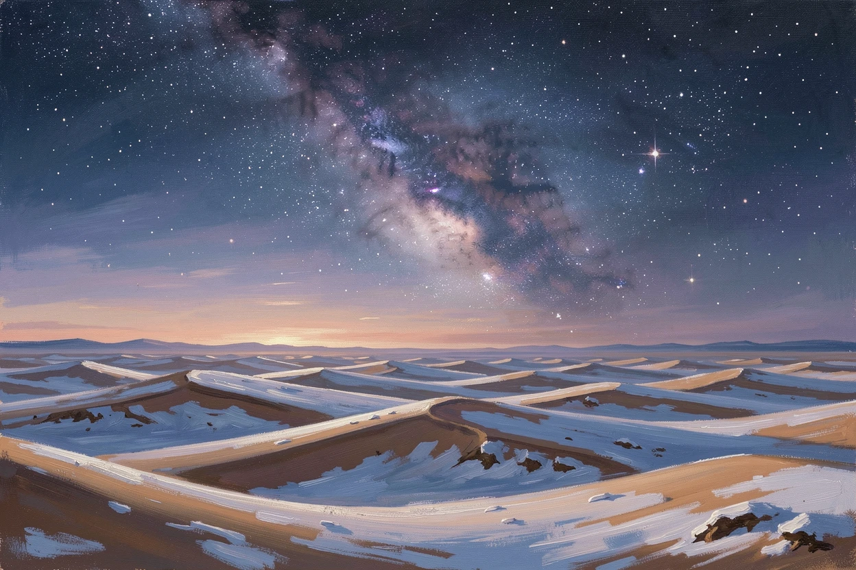 A sweeping view of the Milky Way over a silent desert, light pooling softly on the snow below, above rolling sand dunes stretching to the horizon, just after sunset, as the first stars begin to appear.