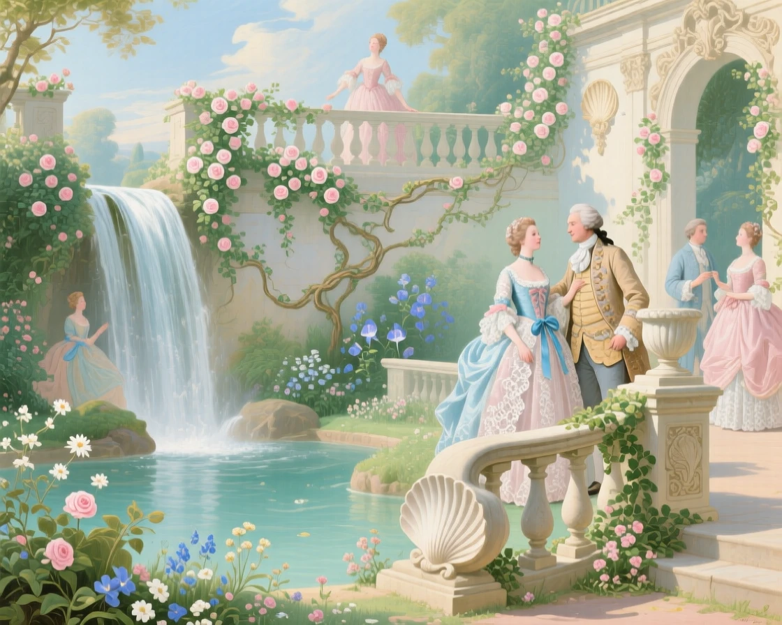 A waterfall spilling into a clear pool beneath a vine-covered terrace  