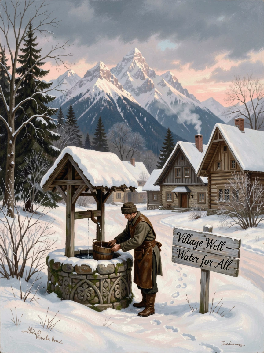 A miller gathers at the well in a snow-covered mountain village beneath a blanket of fresh snow.