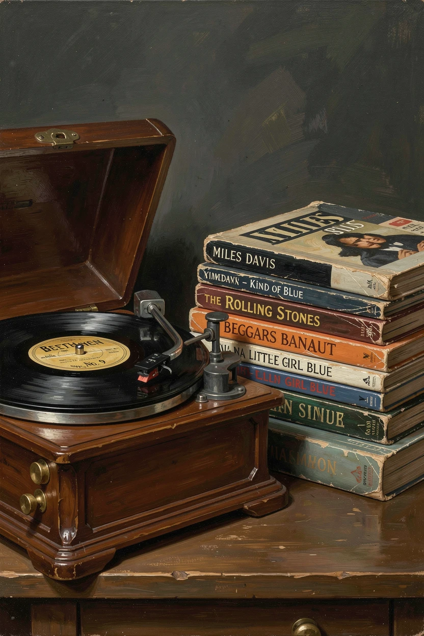 A vintage record player spinning beside a stack of classic vinyl albums, captured with meticulous attention to material and craftsmanship, celebrating the beauty found in fine craftsmanship and detail