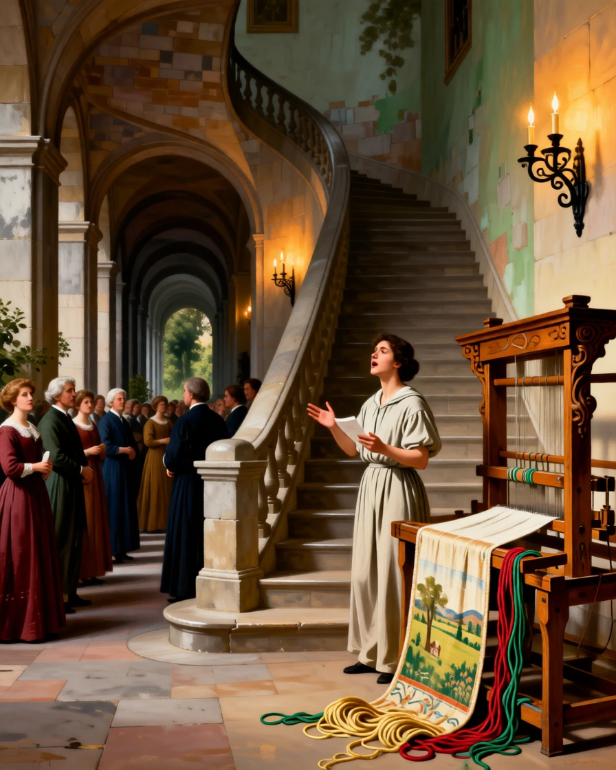 A young poet reciting verses to an enraptured garden gathering as if pulled directly from a cherished tale, set beside a grand staircase lit by flickering candelabra, with an old wooden loom, tangled threads, and a half-finished tapestry; receding archways create a sense of stepping into another world, radiating whimsy touched with gentle melancholy.