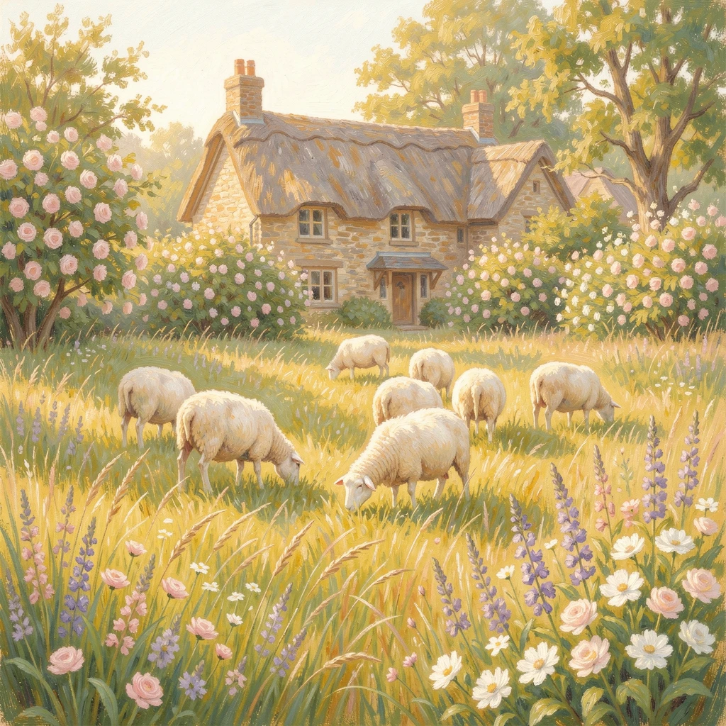 An English countryside meadow with grazing sheep, a stone cottage with a thatched roof, and hedgerows in bloom, radiating joy and gentle celebration.