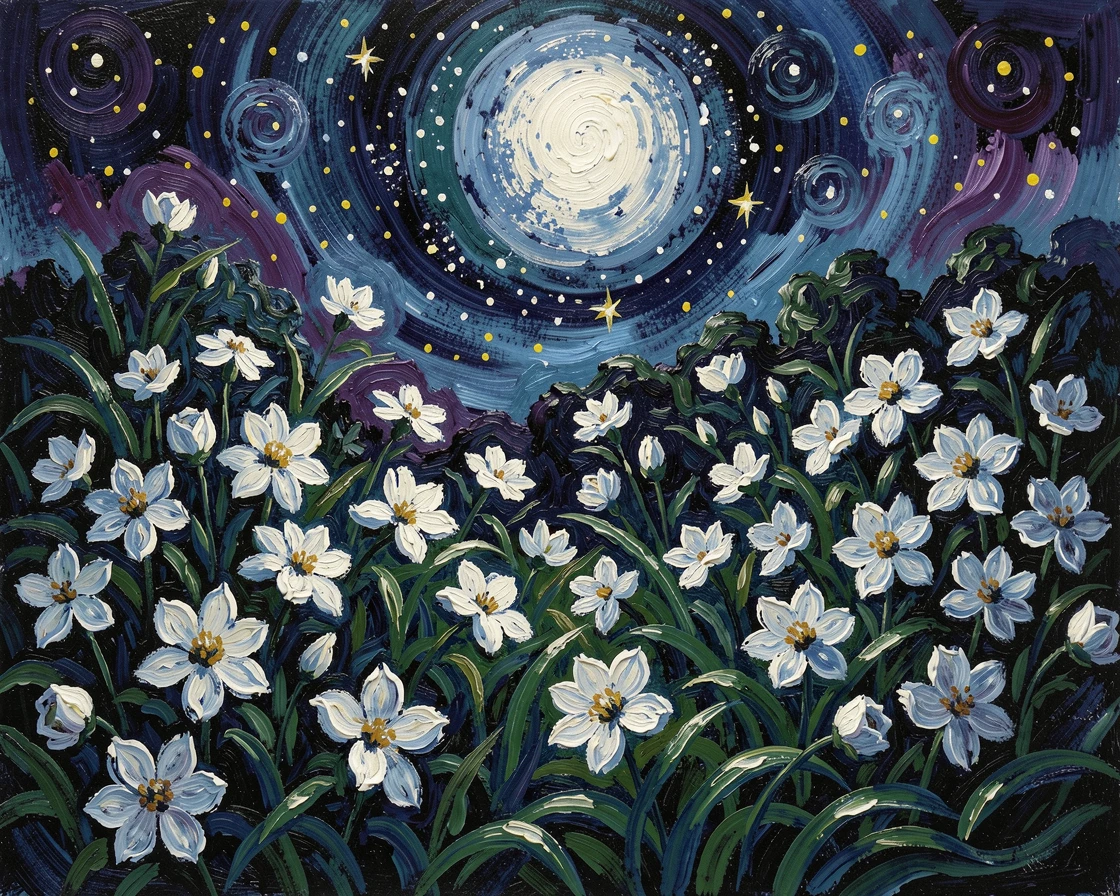A moonlit garden of white flowers glowing softly beneath a starry sky.