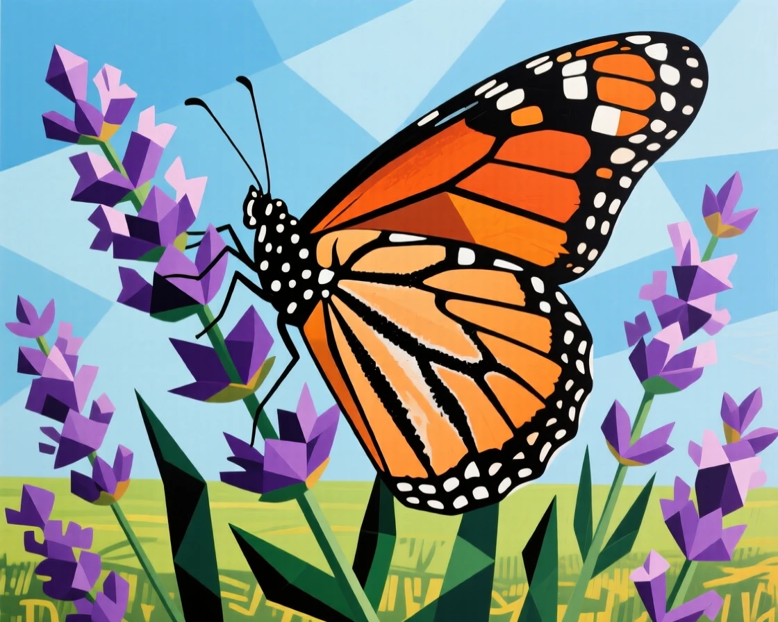 A monarch butterfly resting on a cluster of blooming lavender in summer.