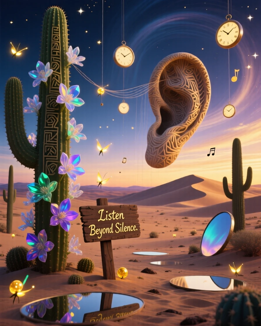 A desert where cacti bloom with tiny glass flowers hums faintly with a low, unseen music, as fireflies drift like scattered stars through the air.