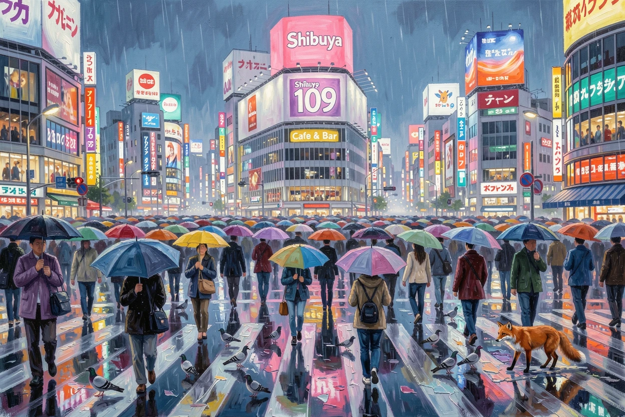 Tokyo's Shibuya Crossing bustles with umbrellas and neon reflections on wet pavement during an evening rain shower, countless pedestrians crossing in unison, with scattered wildlife visible moving quietly through the middle distance of the composition.
