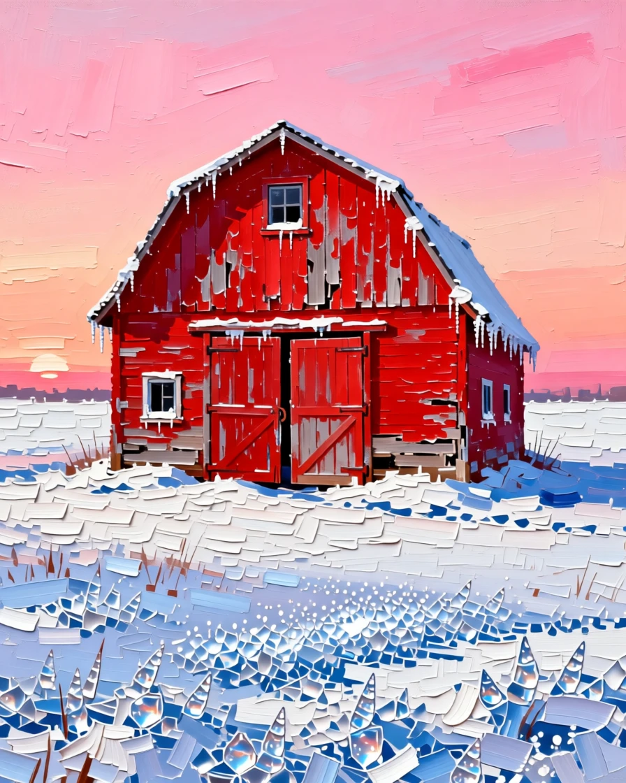 An old red barn standing alone in a snow-covered field under a pink dawn sky