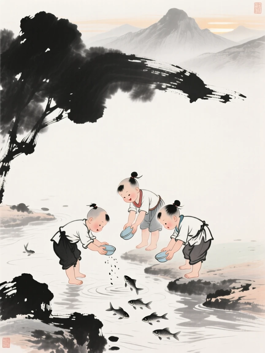 Children play beside a shallow stream, chasing small fish with cupped hands, with distant mountains softened by afternoon light.
