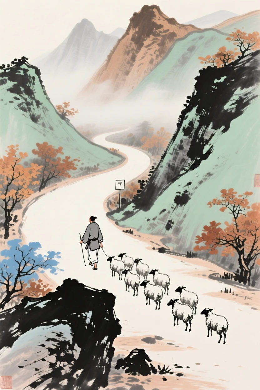 A shepherd guiding a small flock along a winding mountain road, in late autumn.