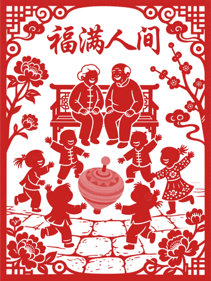 A group of laughing children, spinning a colorful top on a stone floor, grandparents watching fondly from a nearby bench.
