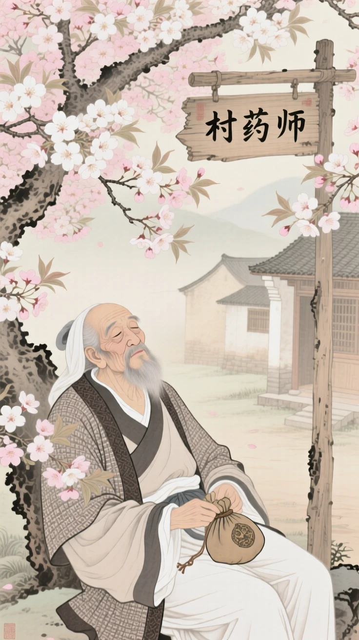 A village healer resting after a long day's journey beneath a canopy of cherry blossoms