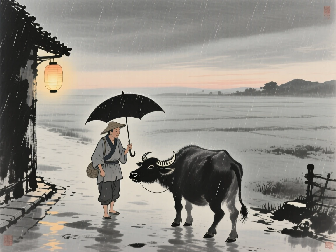 A farmer and his ox sheltering from rain beneath a broad umbrella along a lantern-lit street at dusk, framed small within a vast, quiet landscape, evoking warmth, simplicity, and quiet dignity.