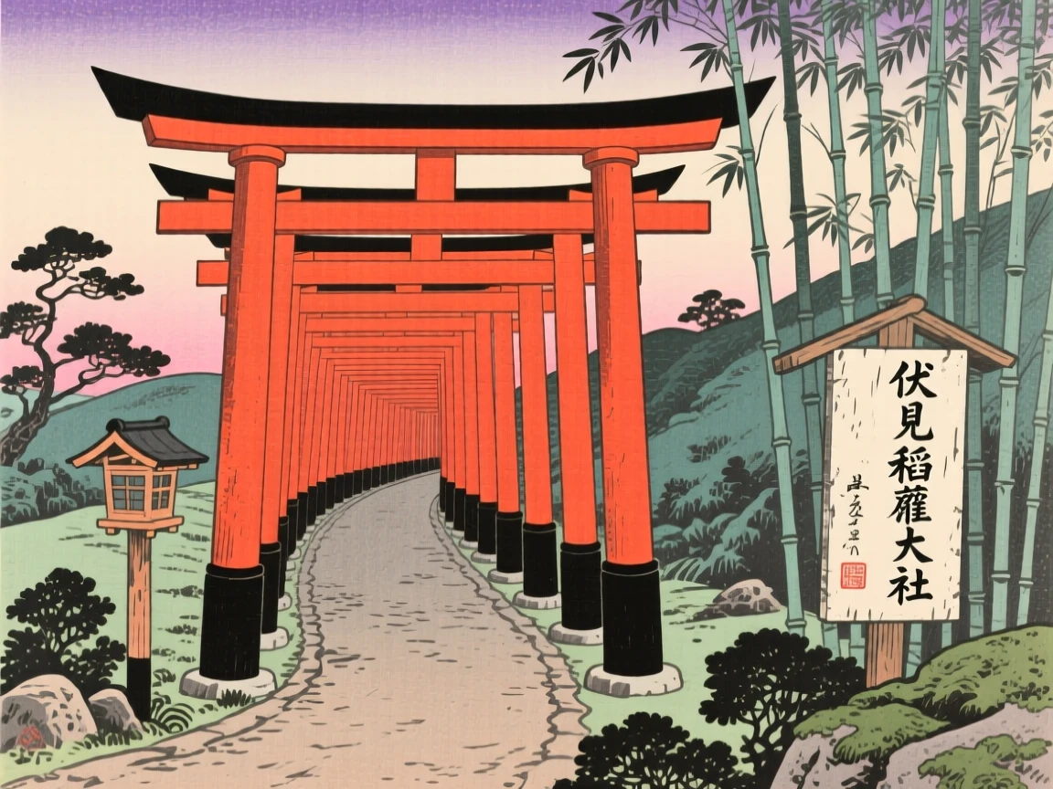 A tunnel of vibrant torii gates silhouetted against a pale evening sky.