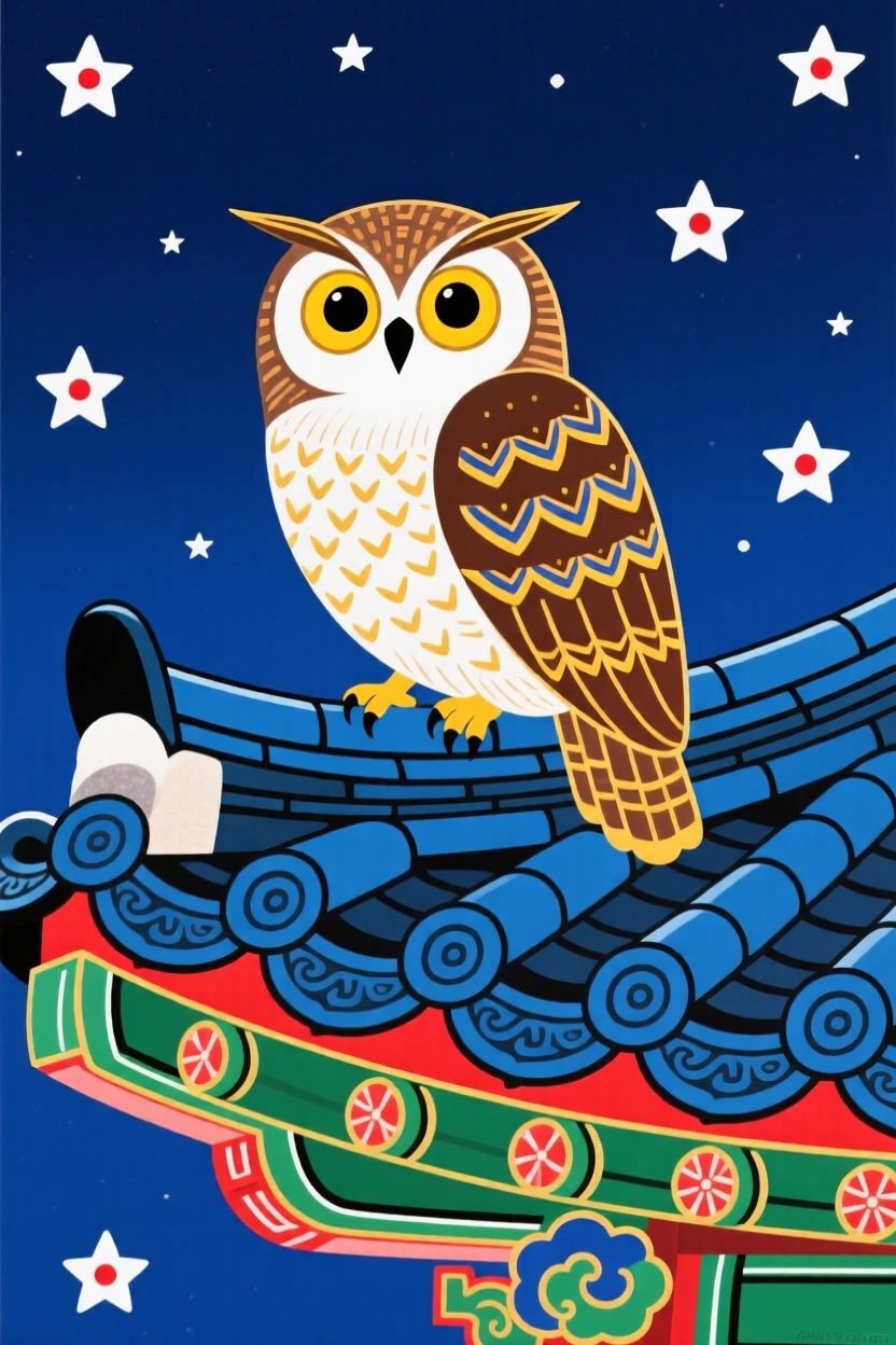 A great horned owl perched silently on a temple roof at night.