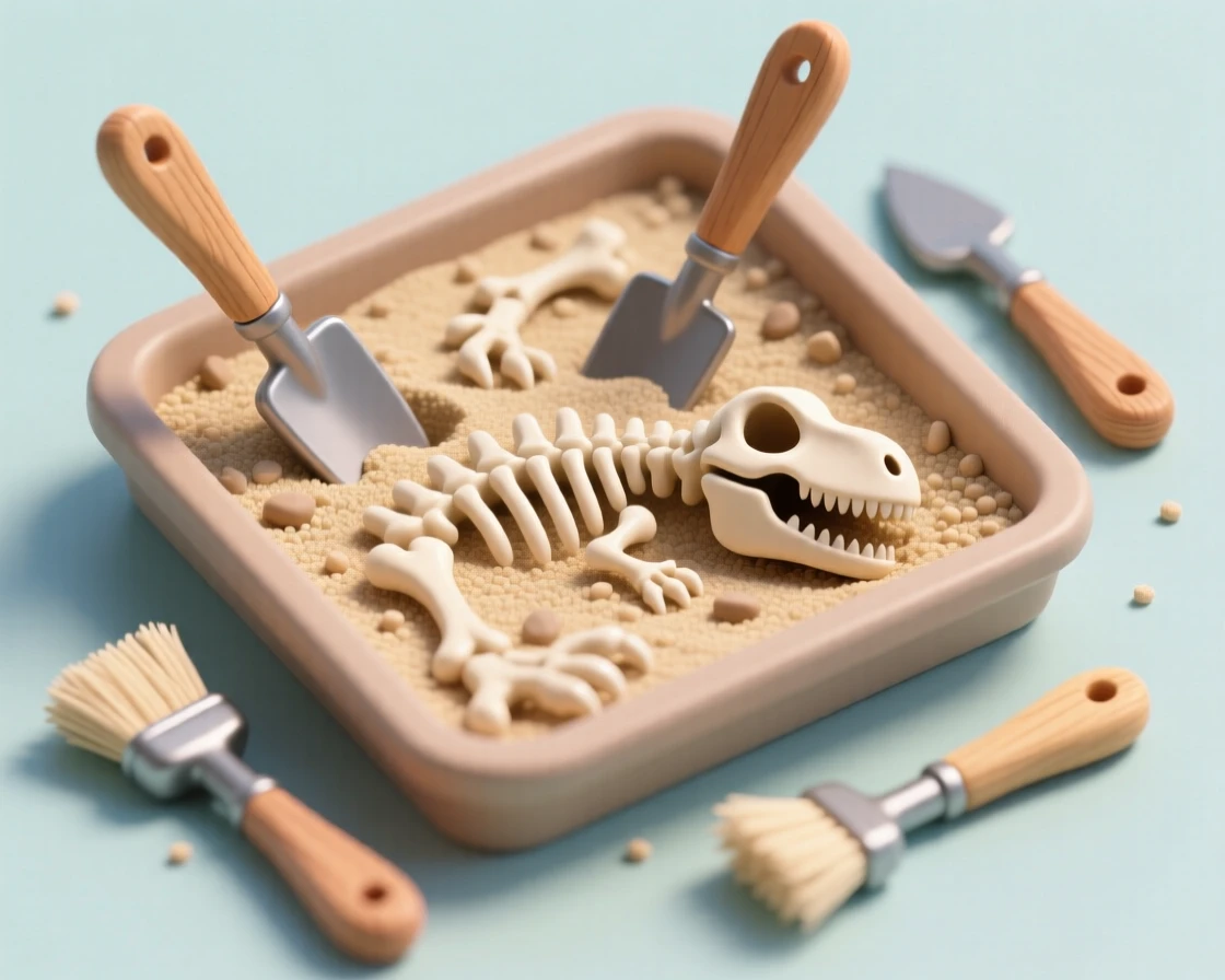 A model dinosaur excavation kit activity, small brushes uncovering plastic bones from a sand-filled tray.