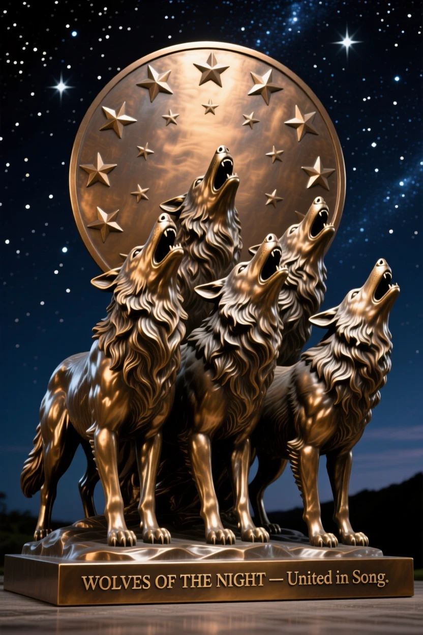A wolf pack howling together beneath the stars, with fine, lifelike detail in fur and feather, evoking wonder and majesty
