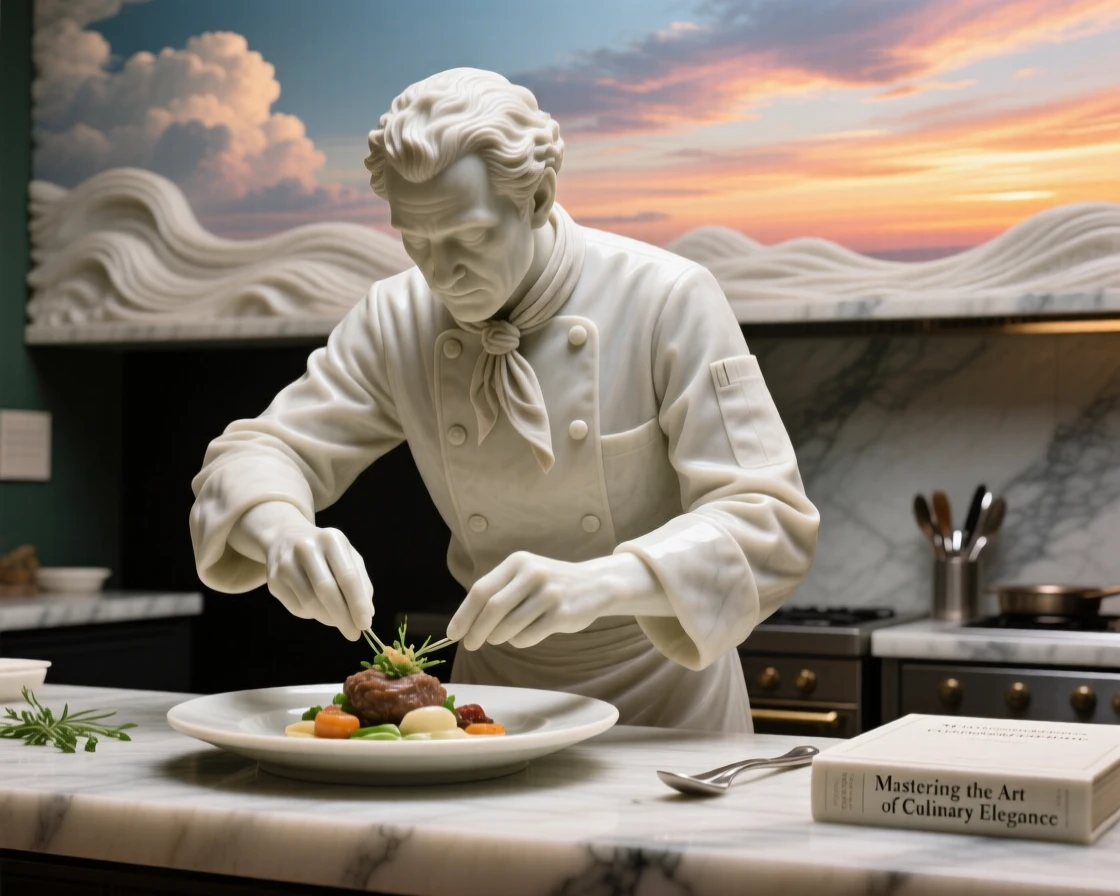 A beautifully composed image of a chef plating a beautifully arranged dish, under a brilliant, colorful sky, full of atmosphere and visual storytelling