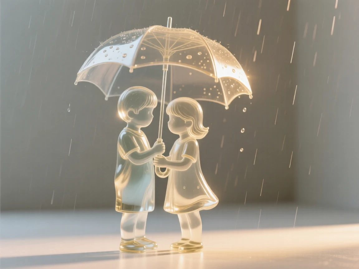 As golden light spills across the room, two siblings sharing an umbrella in the rain