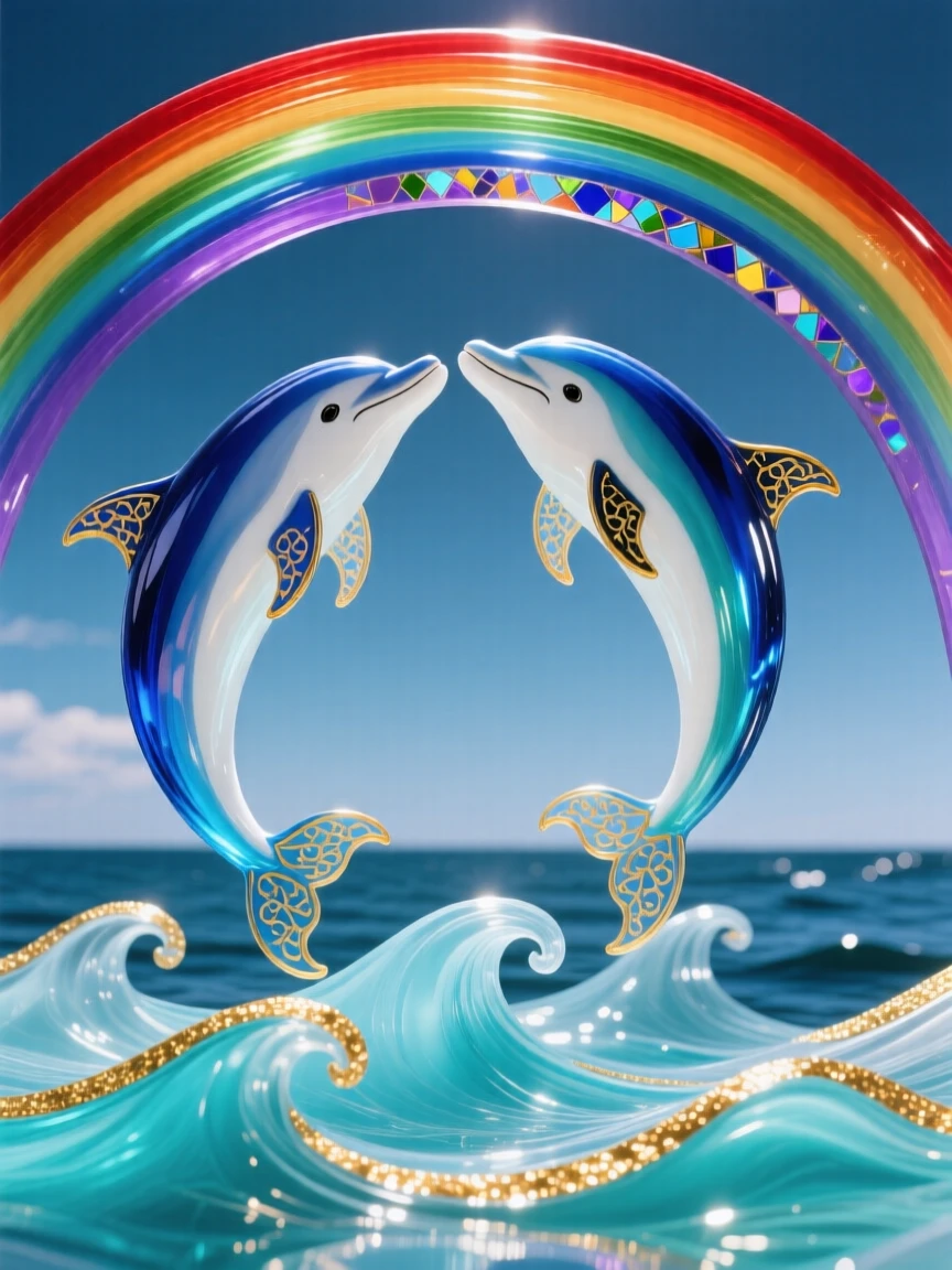 A pair of dolphins leaping together beneath a rainbow over calm ocean waves, joyful and hopeful.