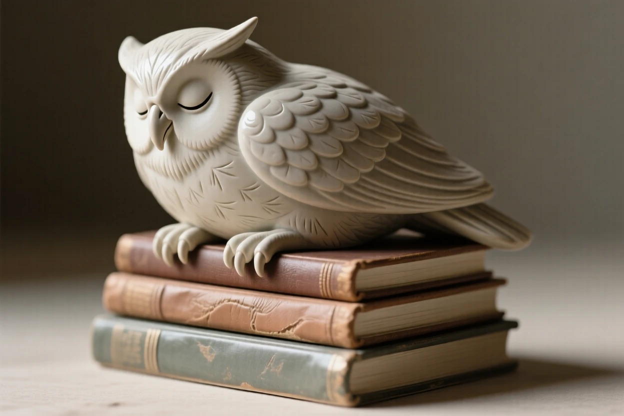 A decorative owl perched atop a stack of books posed with understated, timeless refinement, framed by soft ambient lighting, capturing graceful beauty fit for a fine interior.