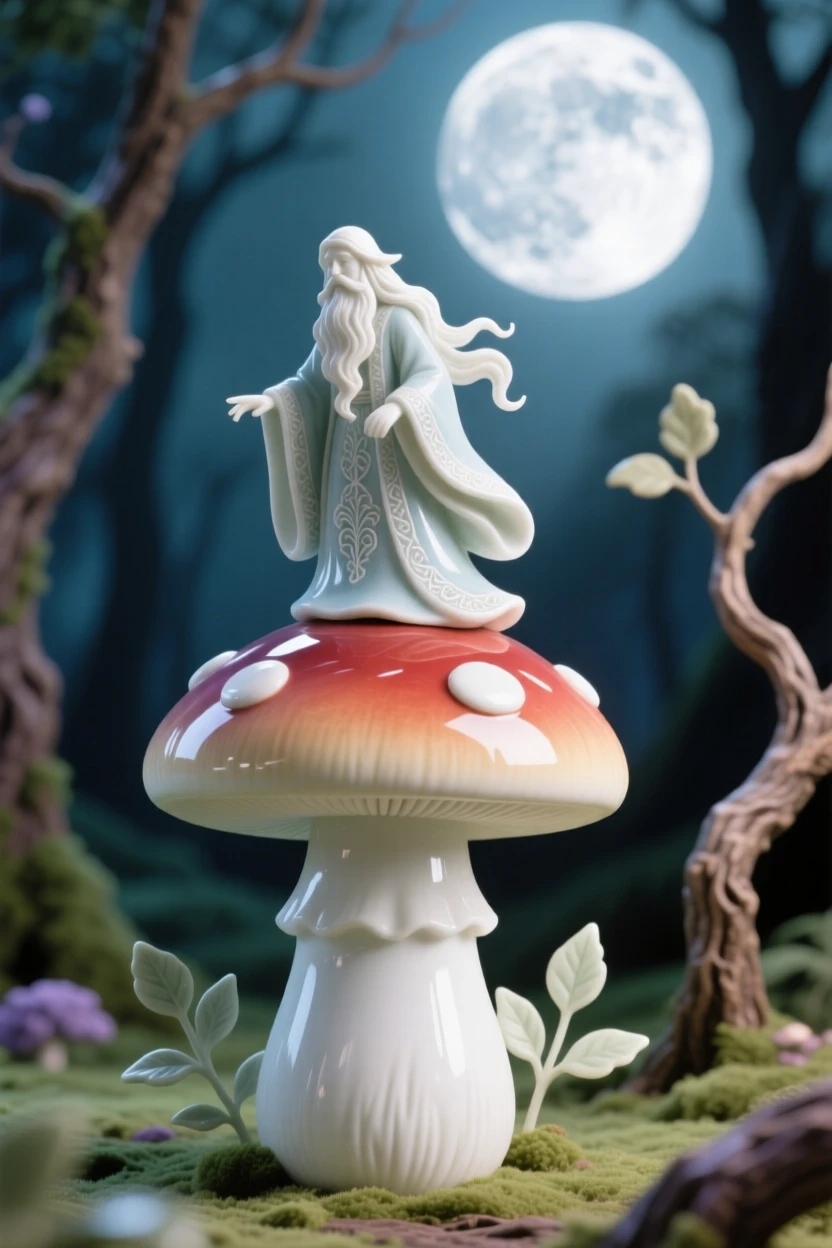 A whimsical scene of a wandering wizard perched on a mushroom beneath a glowing moon in an enchanted forest clearing.