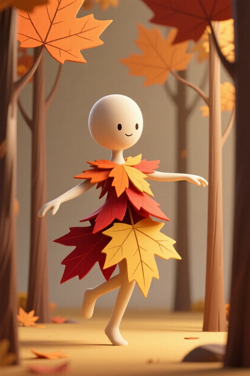 A gentle forest spirit made of autumn leaves twirls gracefully between towering maple trees in golden light.