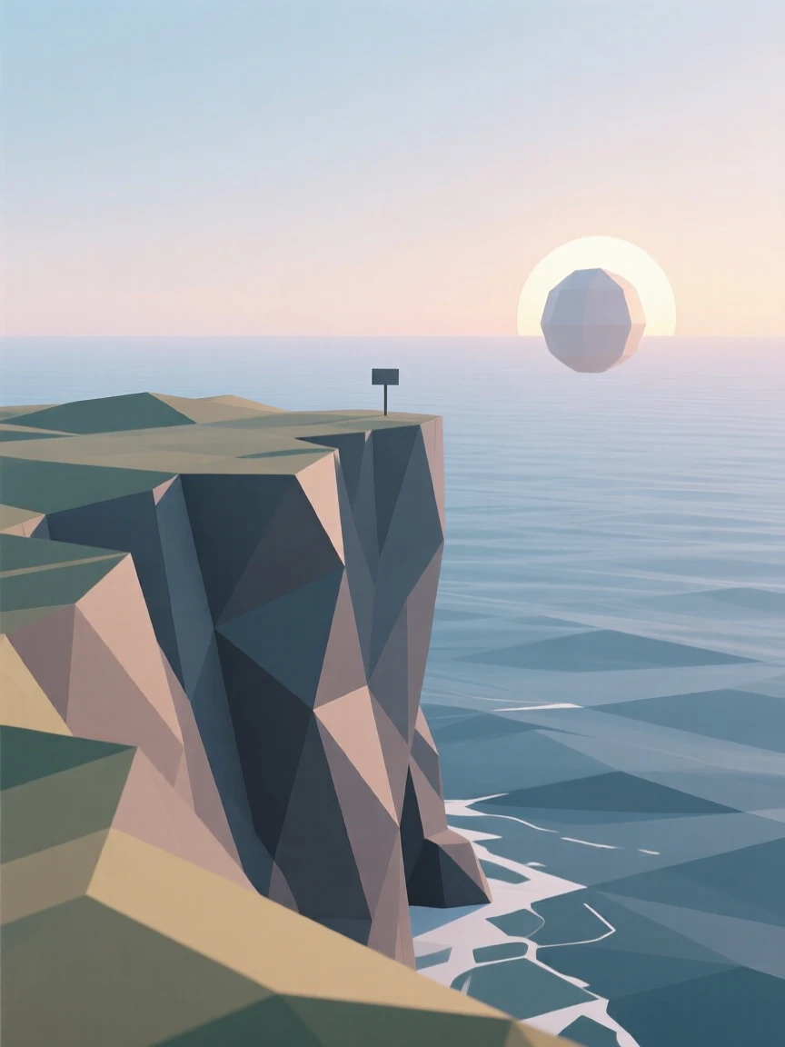 A cliffside overlooking an endless ocean, as the sun begins to rise. the composition uses a wide, sweeping perspective. The mood is dreamy and otherworldly.