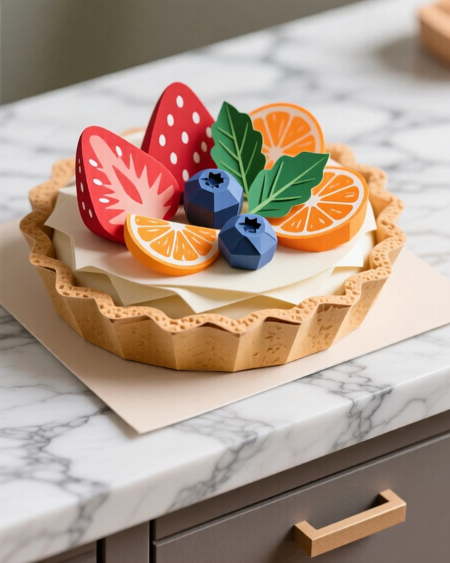 A fresh-baked fruit tart displayed on an elegant marble counter, with vibrant garnishes adding a pop of color, capturing indulgence and warmth.