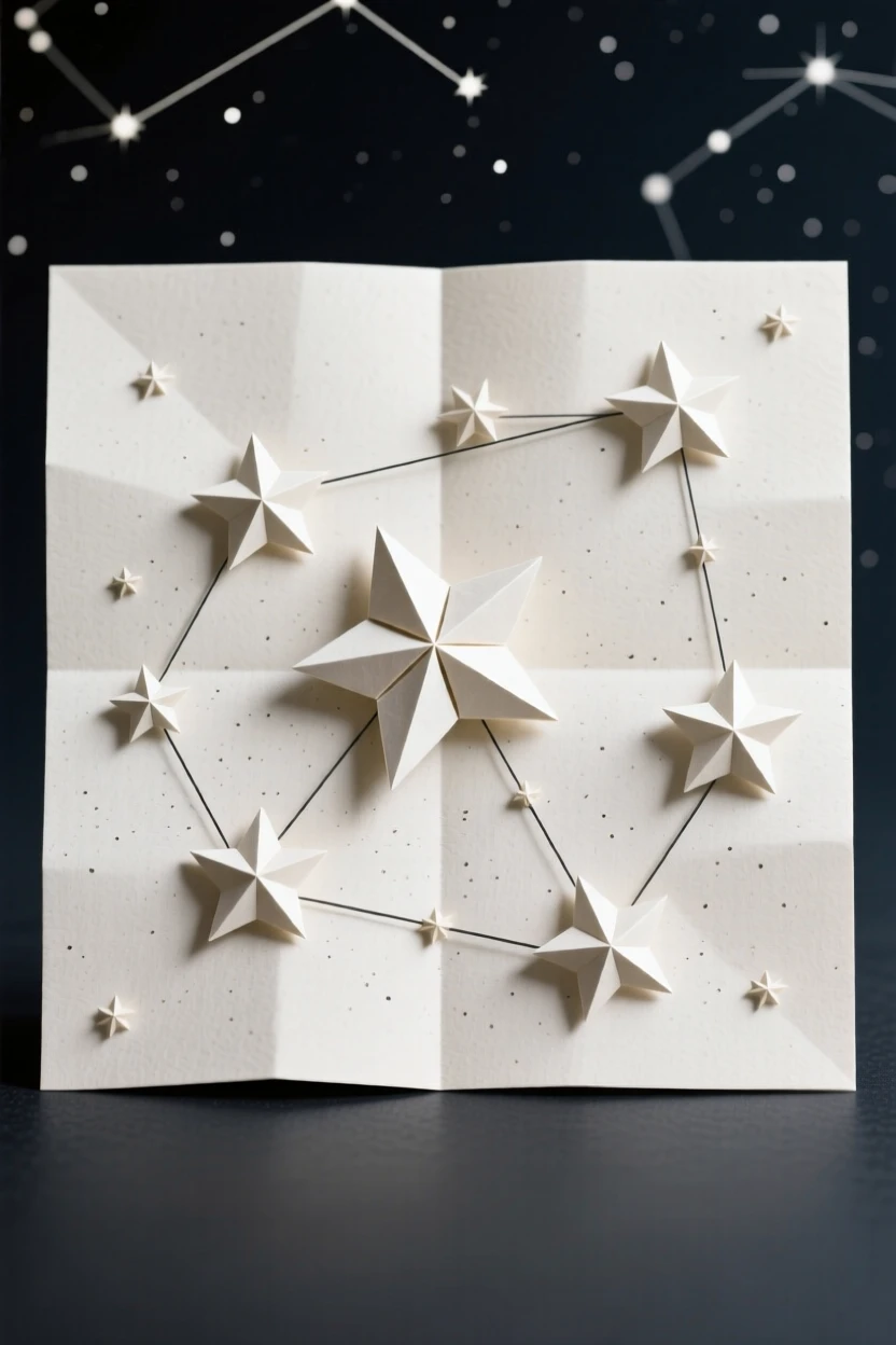 A decorative constellation map with stars connected by fine linear patterns.