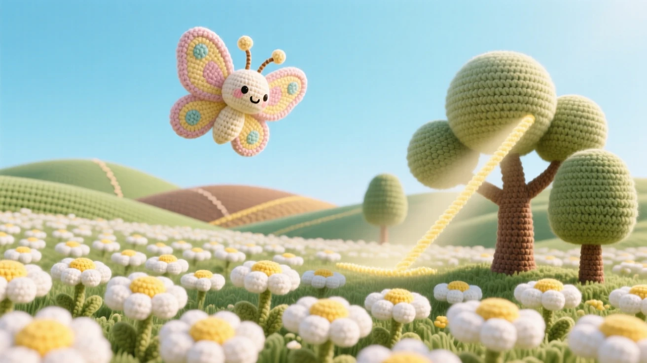 a field of daisies stretching to the horizon, beneath a bright summer sky, dotted with a single wandering butterfly framed by distant rolling hills; a soft beam of light breaking through the trees completes the scene, full of quiet wonder at the wild world.