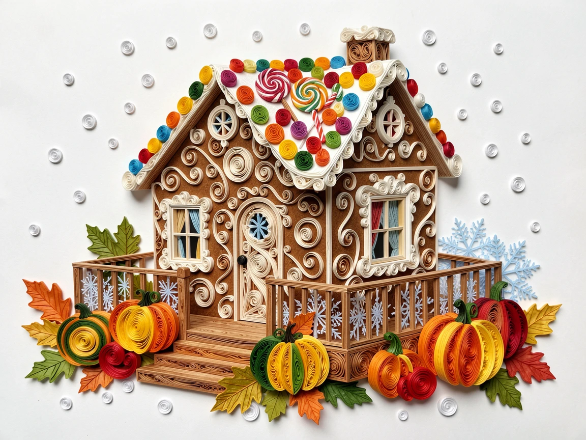 a festive gingerbread house covered in candy details, on a cozy porch decorated with autumn gourds, framed by softly falling snow, with delicate frost patterns on nearby surfaces.