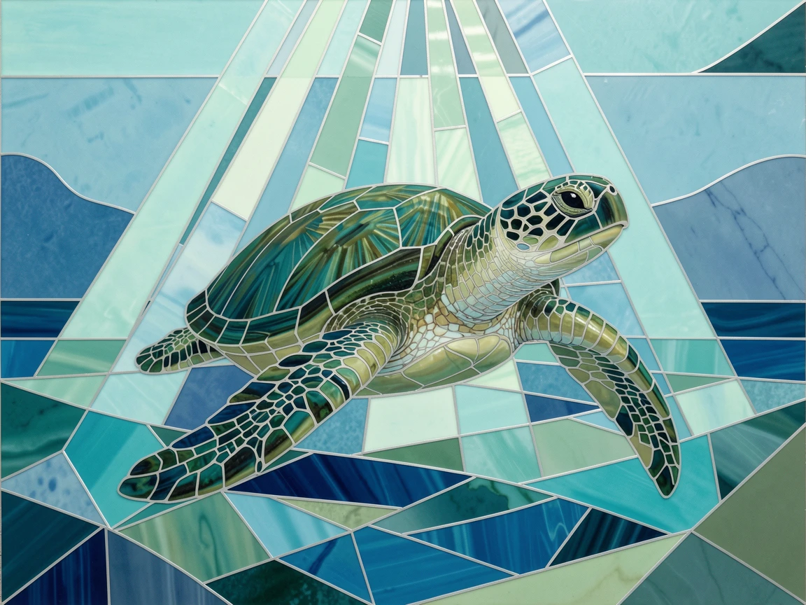 A dreamlike underwater view of a sea turtle swimming gracefully through crystal-clear tropical water, glowing with soft blue-green light.