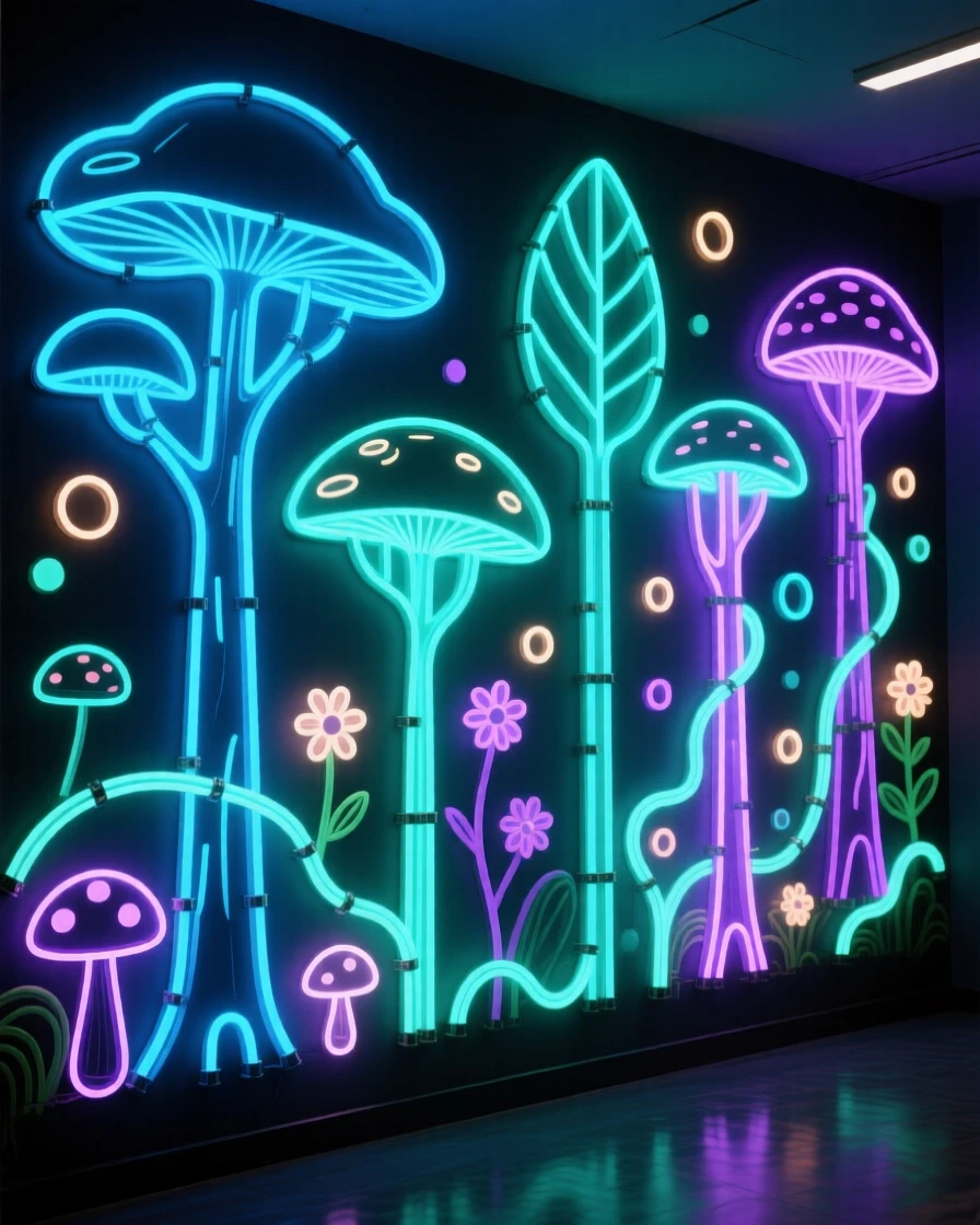 A wide establishing shot of a bioluminescent forest on an alien world.