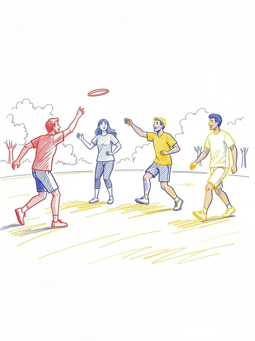 A group of friends playing frisbee on a sunny park lawn